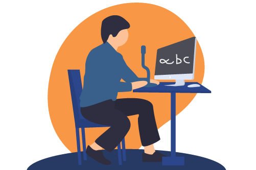 Illustration of seated person using speech to text software on a computer.